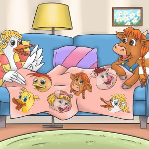 Cowhead and Gloria Goose on sofa with fleece